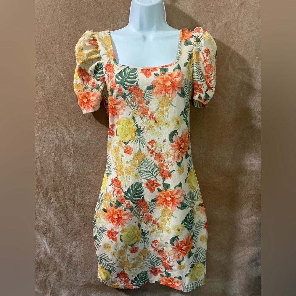 SHEIN Floral Puff Sleeve Square Neck Mini Dress Yellow Orange Green‎ Size S